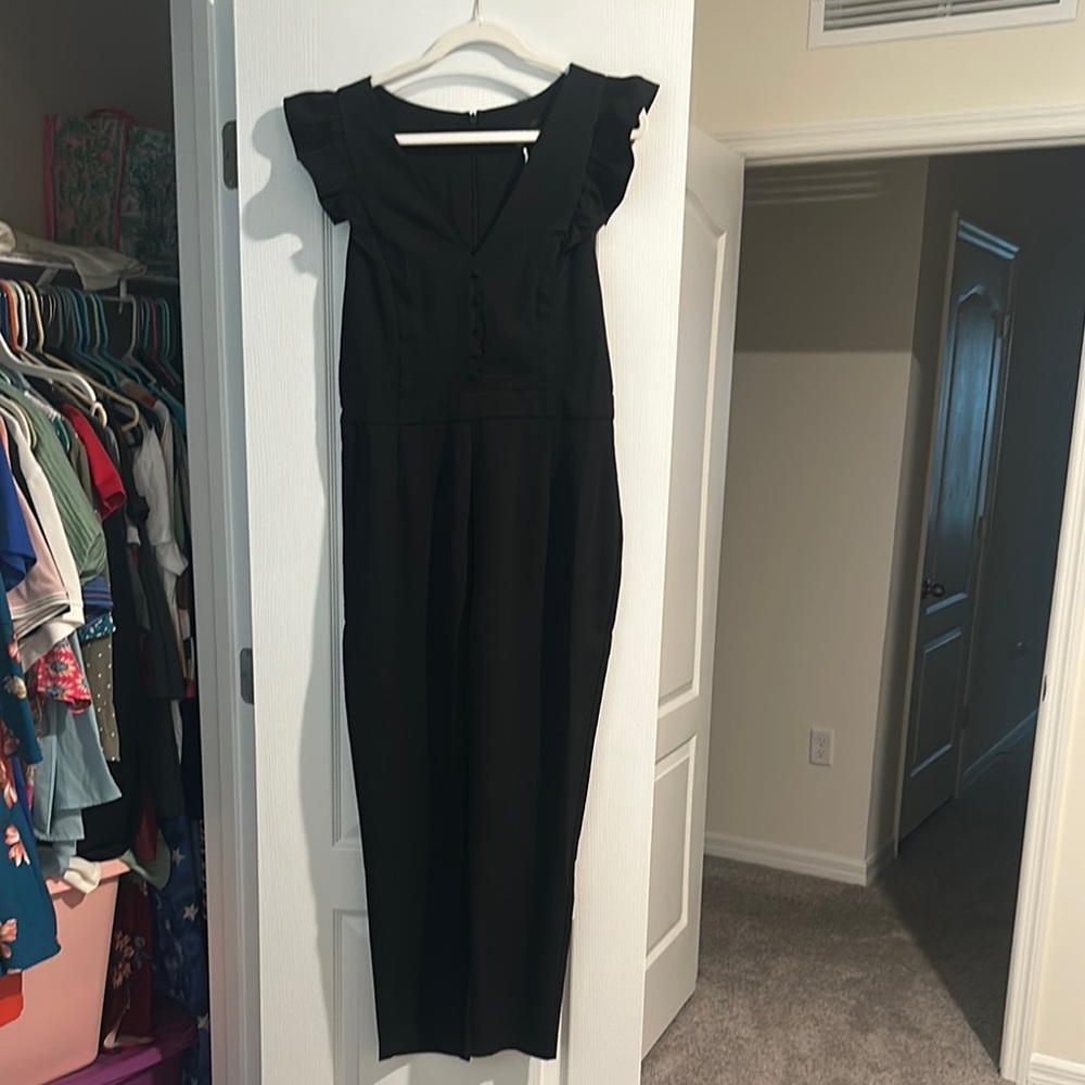 Adelyn Rae Black Ruffled Sheath Jumpsuit